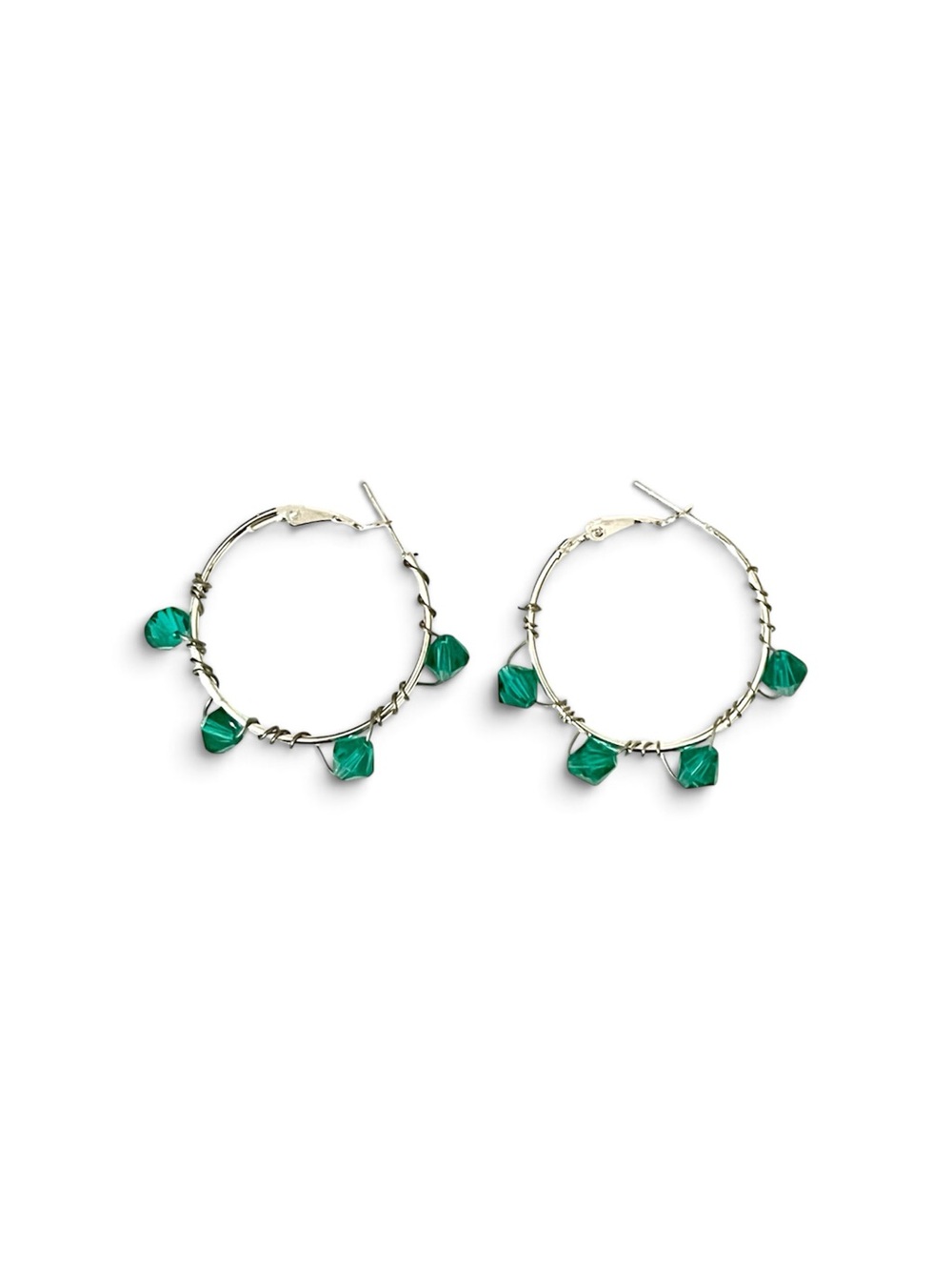 Handmade Green Crystal Bead Hoop Earrings Silver Tone Wire Wrapped Boho Dangle